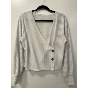 White Crochet Boxy Long Sleeve Cotton Blend Large V Neck Top